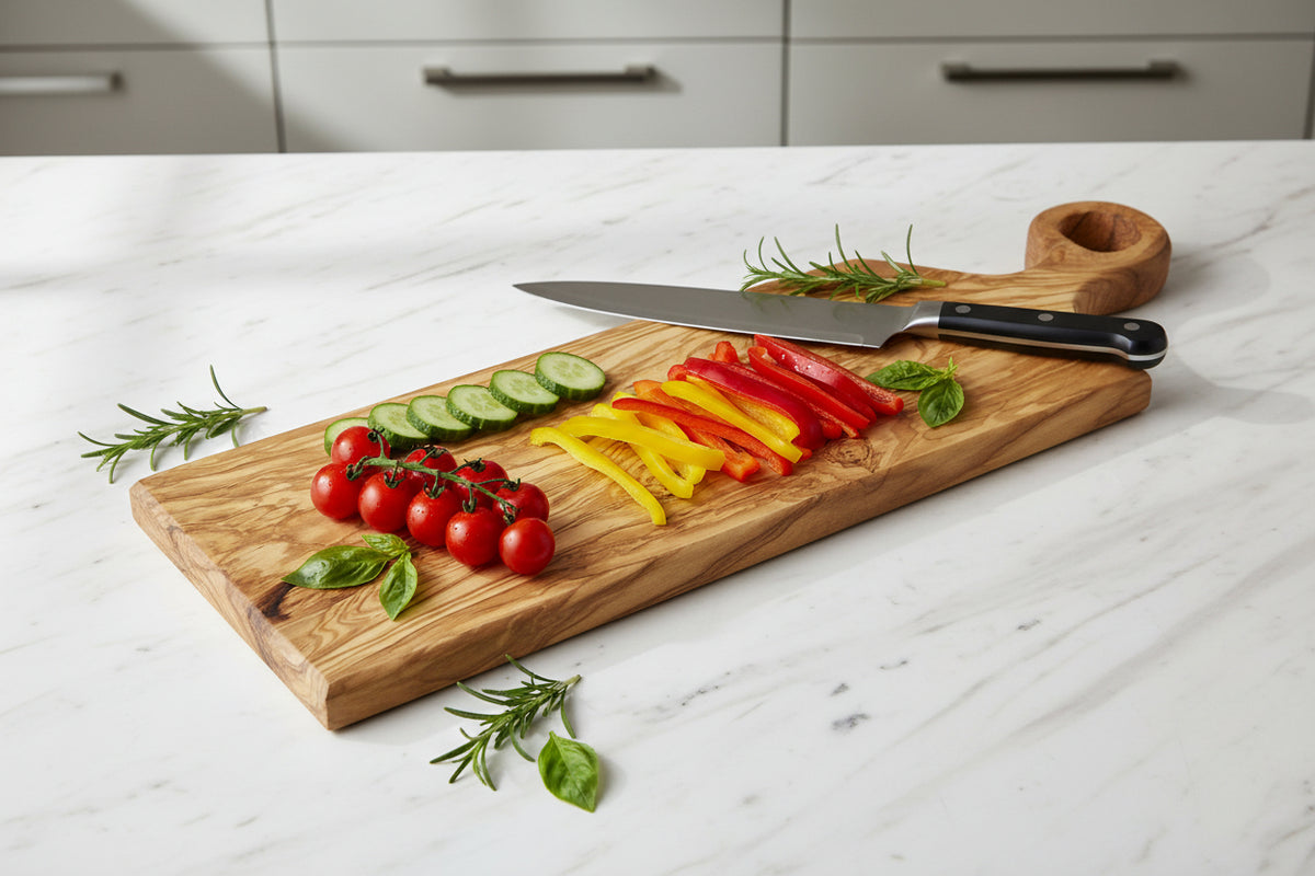 Handcrafted 72cm extra-large olive wood board. Perfect as a luxury charcuterie platter, serving tray, or durable cutting board.
