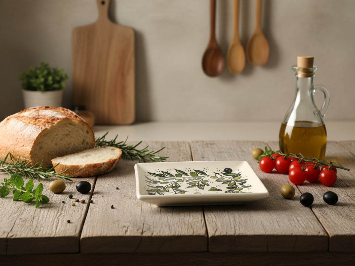 Square ceramic plate with olive branch design on a white surface