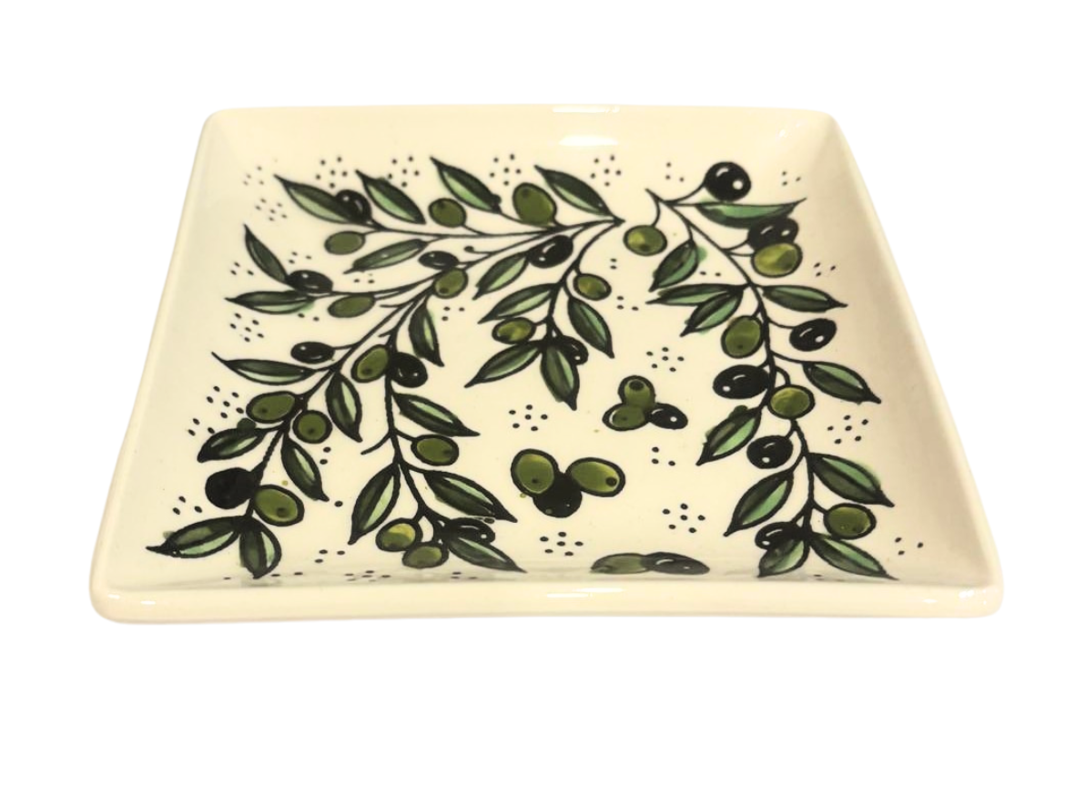 Rectangular ceramic dish with olive branch design on a white background