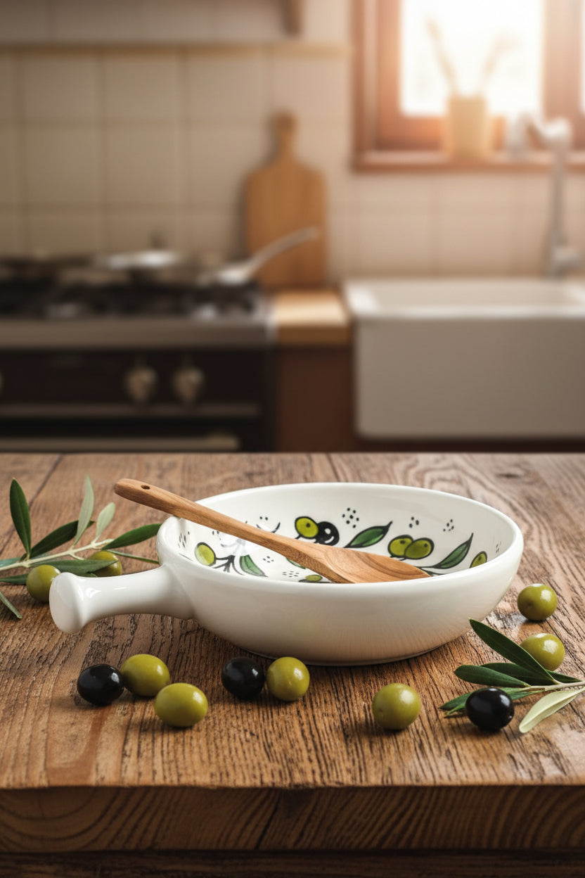 A white ceramic bowl with a handle, decorated with a hand-painted green and black olive branch pattern, resting on a wooden table.
