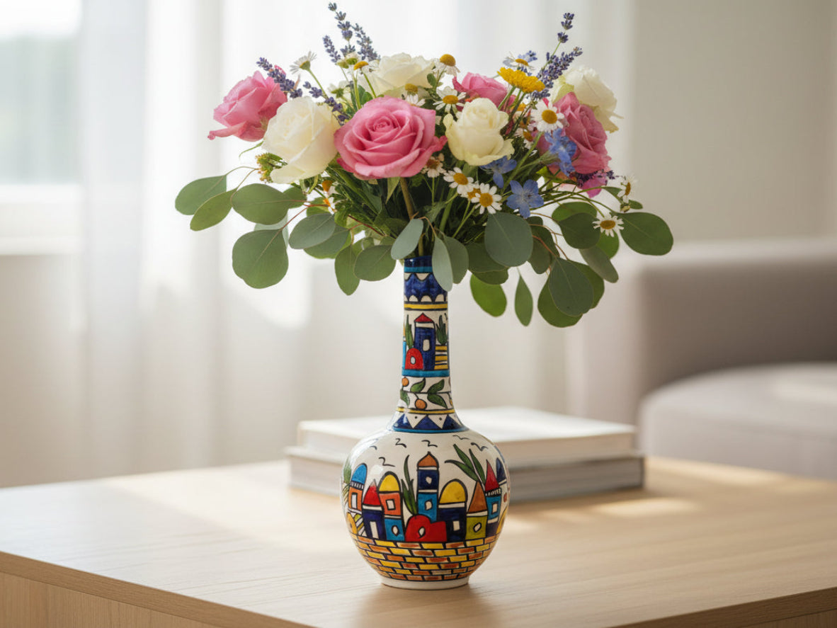 Decorative vase with colorful village design holding a bouquet of flowers on a table.
