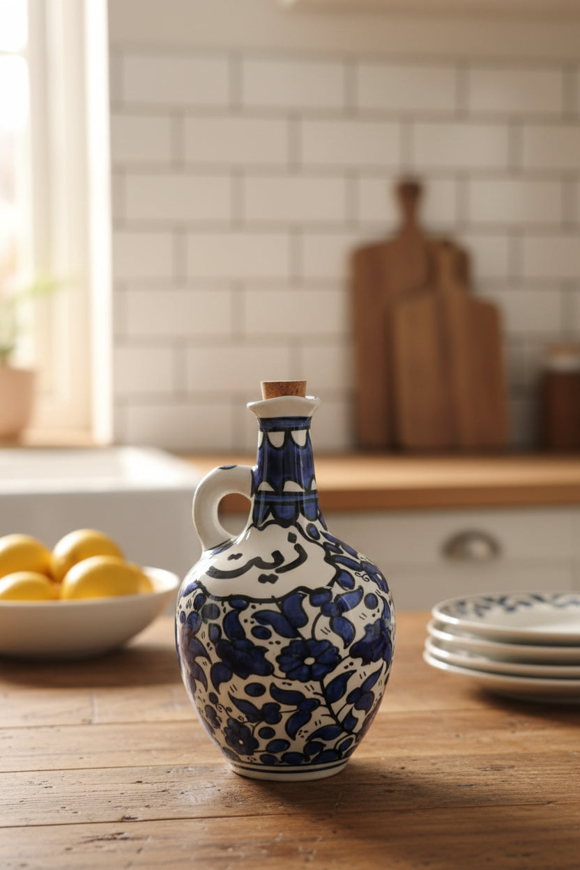 A hand-painted ceramic oil bottle with a cork stopper, featuring a white base decorated with intricate blue floral patterns and black calligraphic details, displayed on a wooden table.