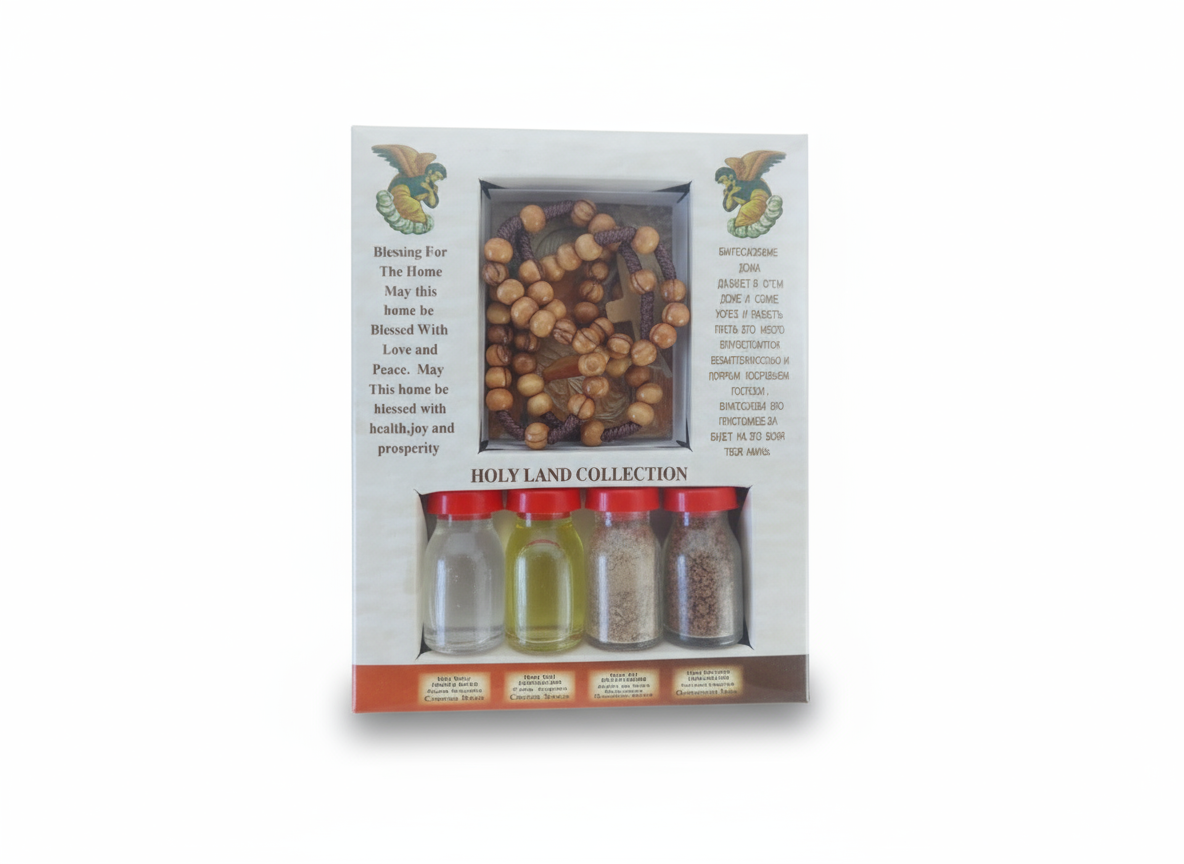 Holy Land Collection gift set containing holy water, olive oil, soil, and incense in glass bottles with a wooden rosary and home blessing prayer from Jerusalem.