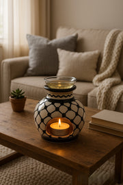 Handmade Ceramic Candle & Aromatic Oil Holder | Black & White Kuffiyeh Pattern