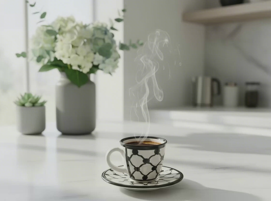 Load video: Espresso Cup Handcrafted Ceramic Palestine Kuffiyeh Coffee Mug