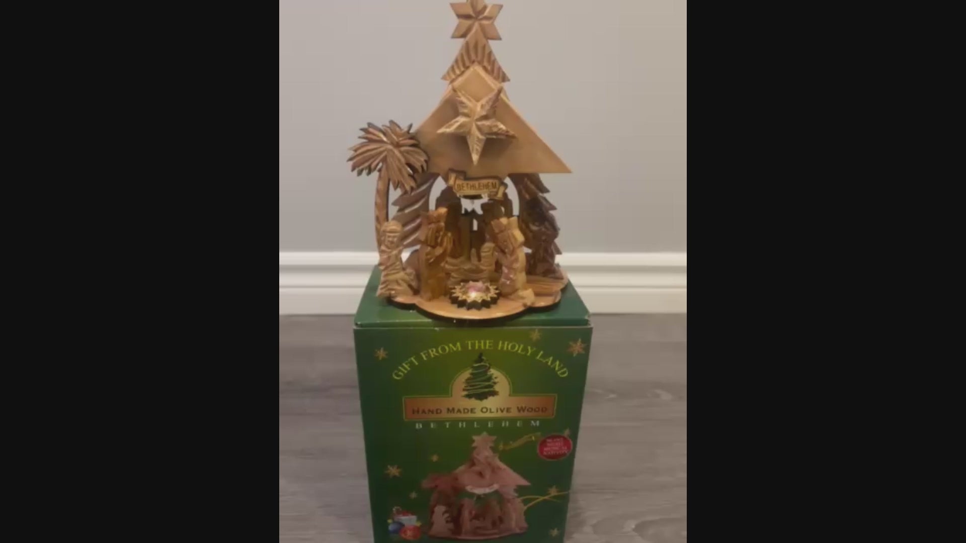 Load video: Holy Land Olive Wood Hand Made Nativity Scene with Music Box Holiday Gift Christmas Gift