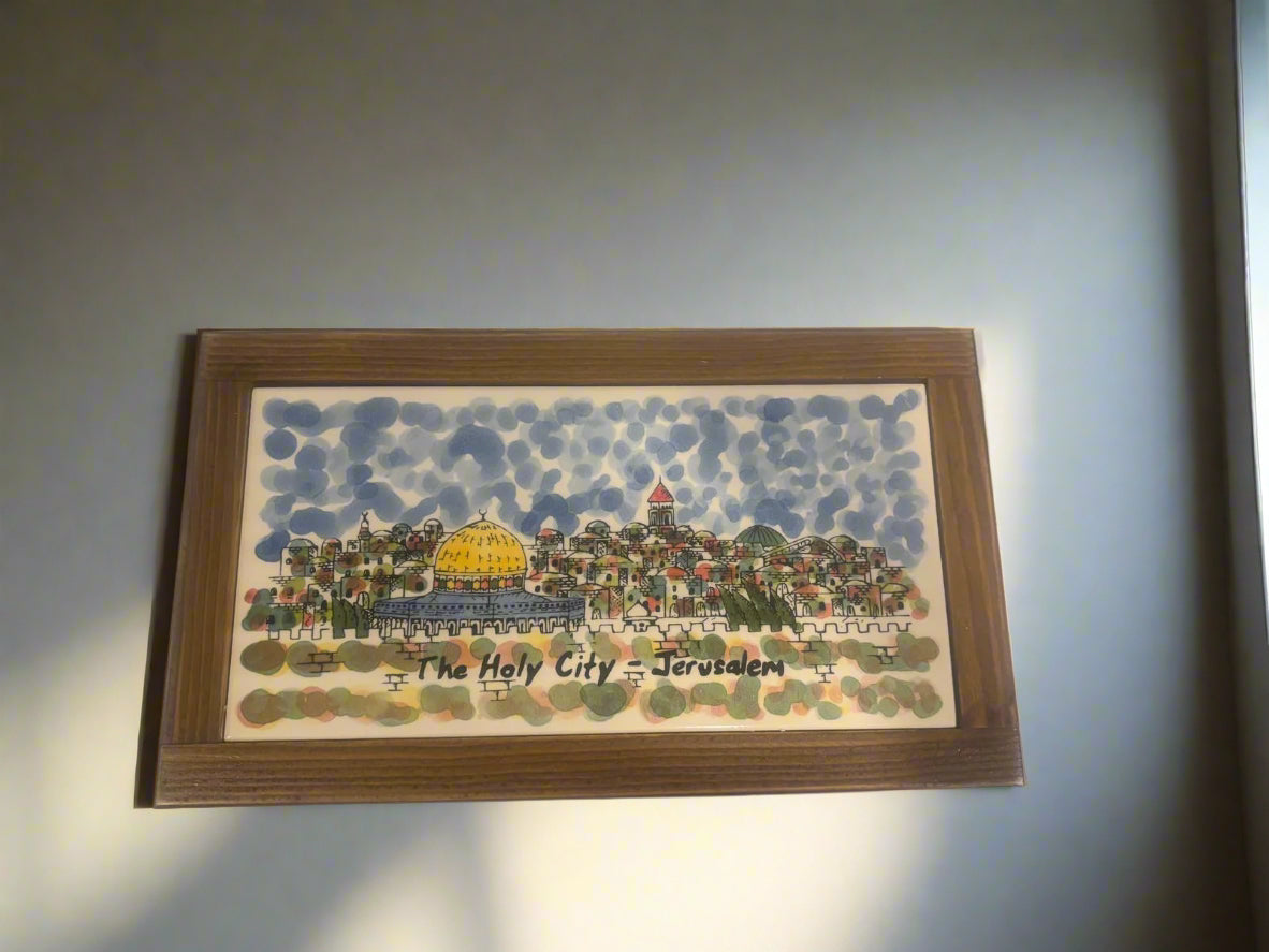 The Holy City - Jerusalem  | Hand-Painted Ceramic Tile with Olive Wood Frame